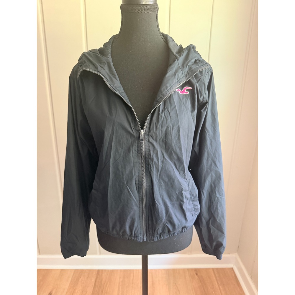 Hollister Womens Black Hooded Windbreaker Jacket Pink Logo Size L Full Zip